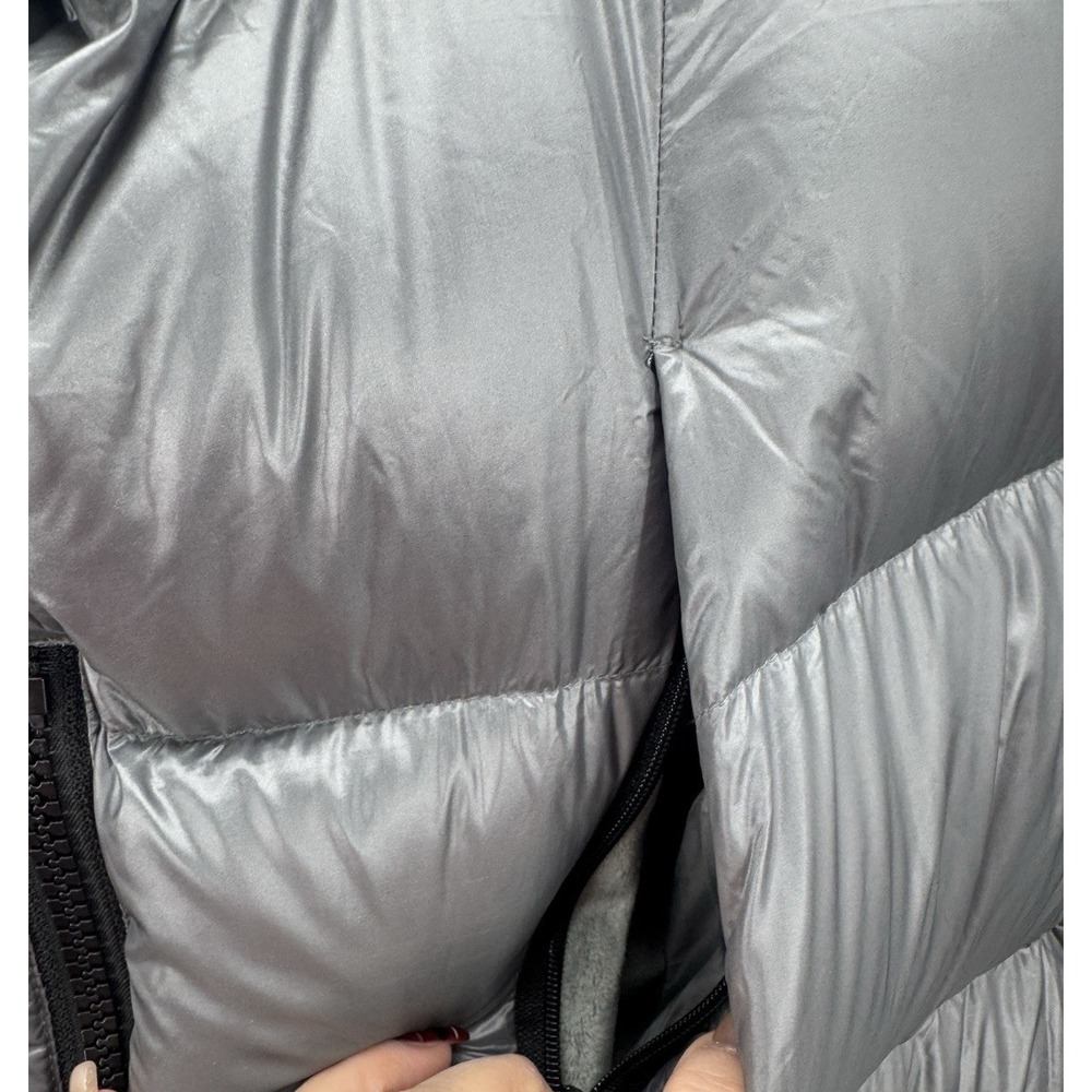 Women XL Metallic Gray Puffer Down Coat Hooded Jacket Mid Length Pockets Winter - Picture 6 of 16